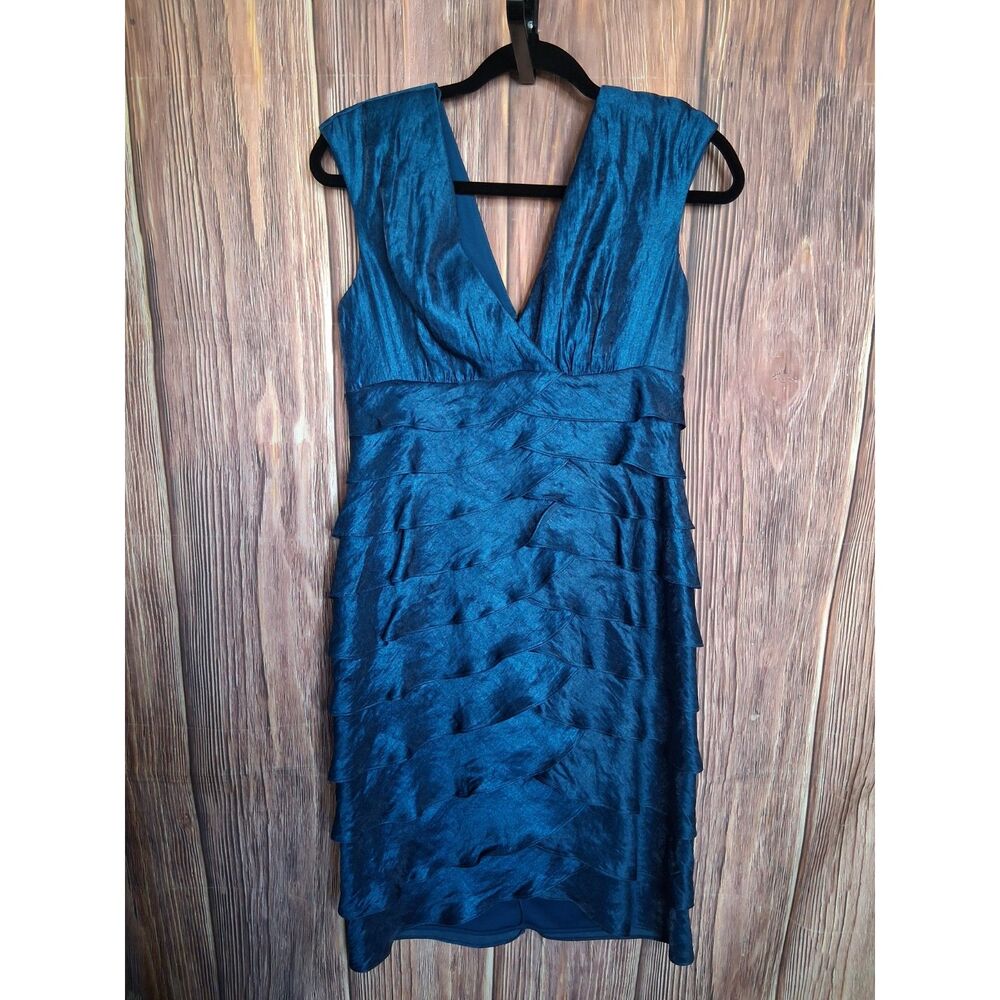 London Style blue metallic tiered ruffle v neck sleeveless cocktail dress 10